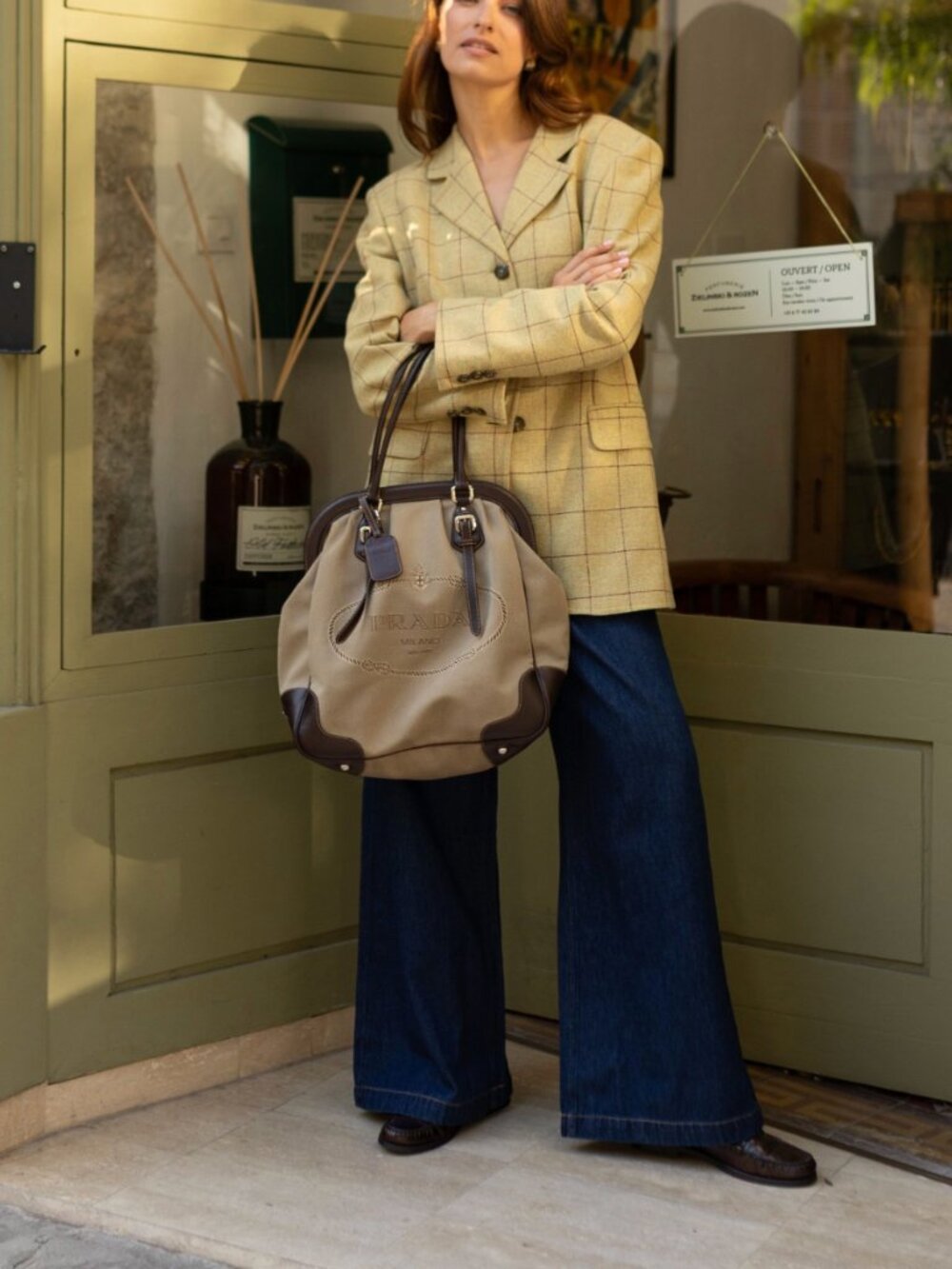 Prada Large Canapa Canvas Tote Brown Vitello Leather Trim Gold Hardware Italy - Picture 16 of 16